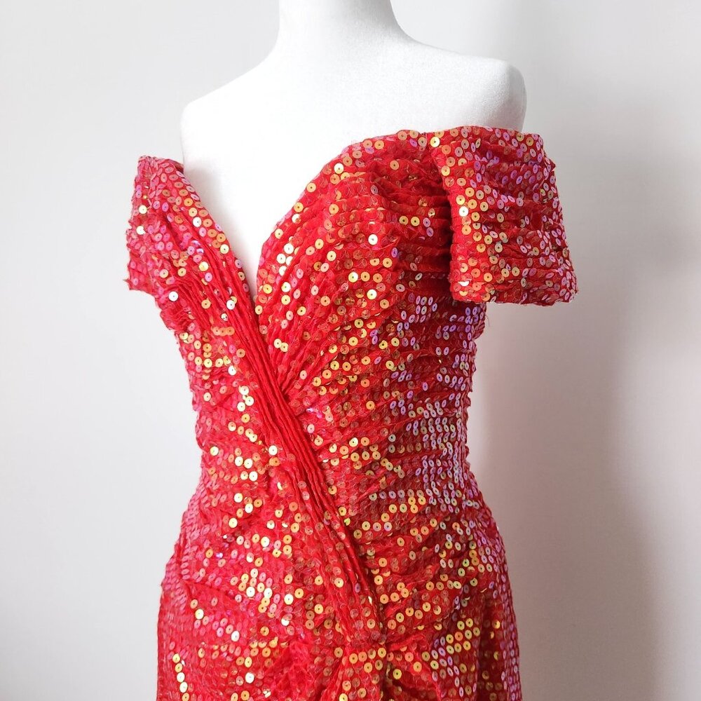 Vtg 90s Vicky Tiel Red Sequin Dress Sz‎ 44 Paris Couture Off Shoulder Cocktail - Picture 2 of 16